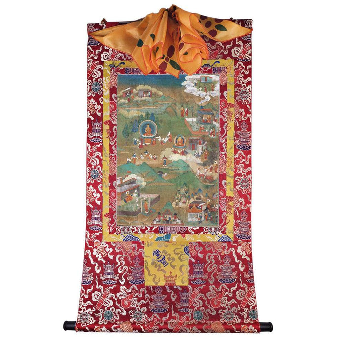 Biography of Shakyamuni Thangka - Tibetan thangka painting, detailed view