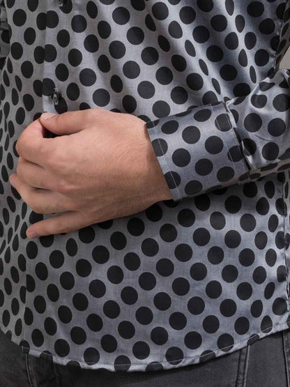 Bomonti Dark Grey Printed Full Sleeve Single Cuff Slim Fit Party Wear Cotton Shirt