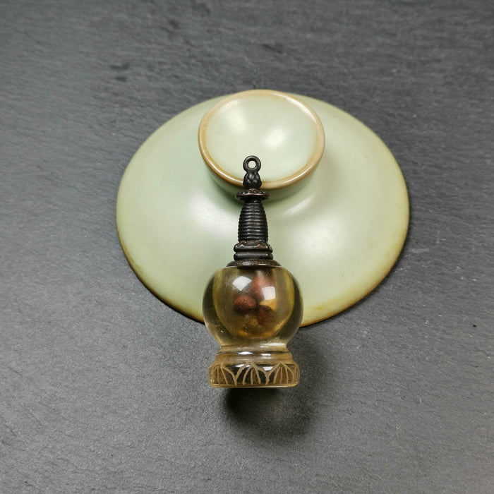 Buddhist Amulet,Crystal Stupa Pendant,Pagoda,Buddhist Tower,Gau Shrine - Tibetan Buddhist amulet, close-up detail