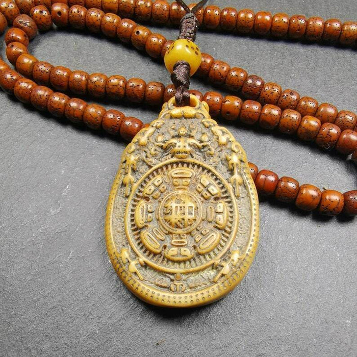Buddhist Calendar Amulet,Yak Bone Carved Melong Mirror,SIPAHO srid pa ho Badge - Tibetan Buddhist amulet, detailed view