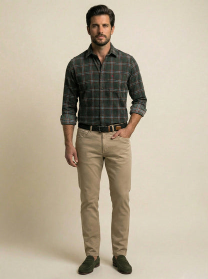 Conners Corduroy Green Check Full Sleeve Tailored Fit Casual Cotton Shirt