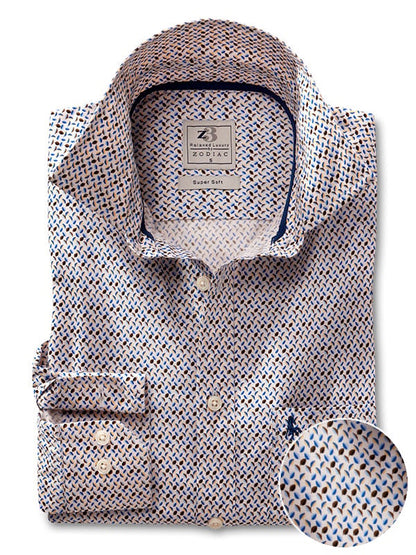 Defoe Cream Printed Full Sleeve Tailored Fit Casual Cotton Shirt