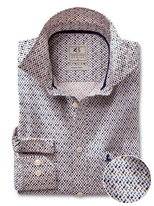 Defoe Cream Printed Full Sleeve Tailored Fit Casual Cotton Shirt