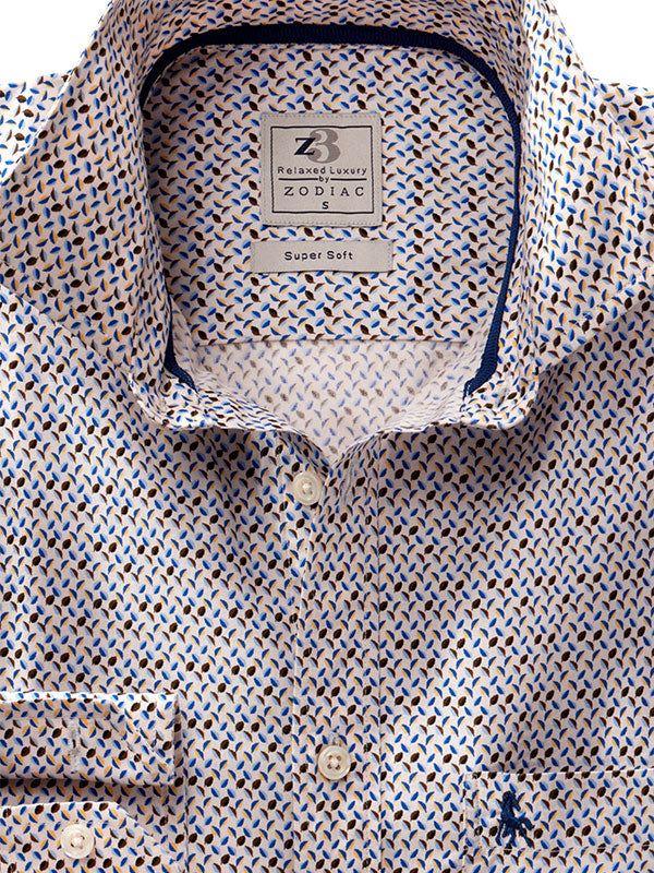 Defoe Cream Printed Full Sleeve Tailored Fit Casual Cotton Shirt