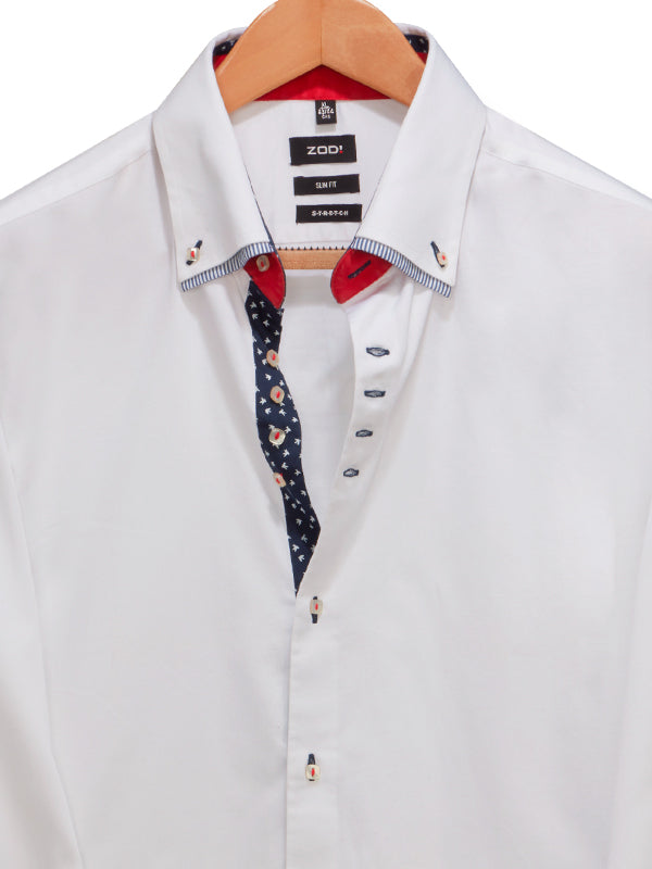 Dodger White Solid Full Sleeve Single Cuff Slim Fit Party Wear Blended Shirt