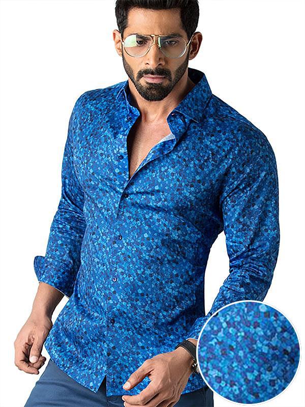 Felix Cobalt Printed Full Sleeve Single Cuff Slim Fit Party Wear Blended Shirt