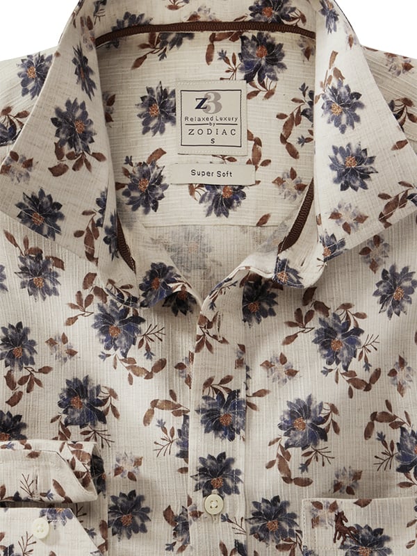 Fritz Slub Beige Printed Full Sleeve Tailored Fit Casual Blended Shirt
