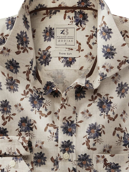 Fritz Slub Beige Printed Full Sleeve Tailored Fit Casual Blended Shirt