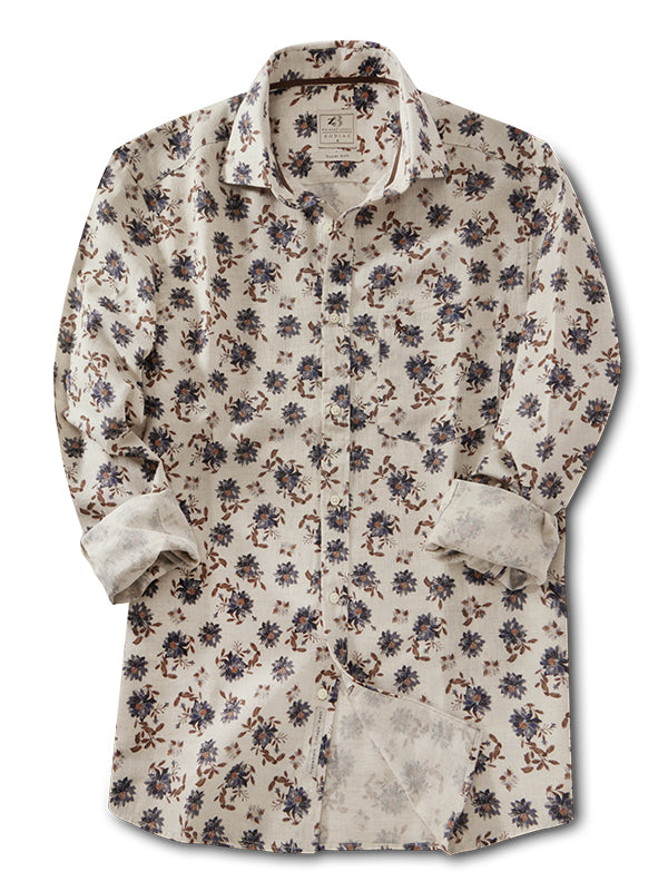 Fritz Slub Beige Printed Full Sleeve Tailored Fit Casual Blended Shirt
