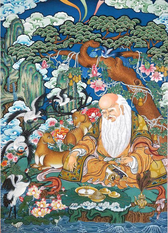 Fulushou - God of Longevity - Tibetan thangka painting, front view