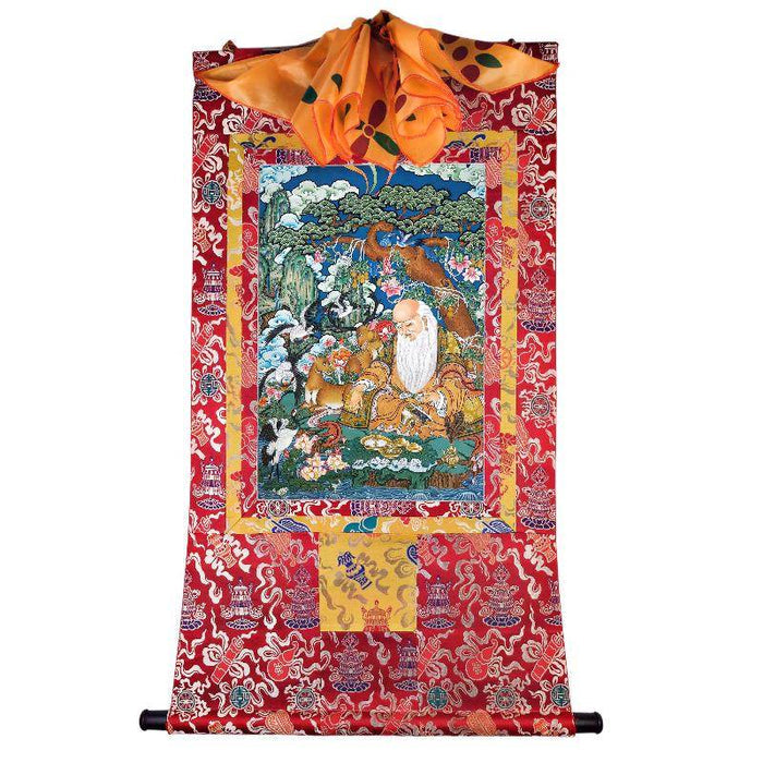 Fulushou - God of Longevity - Tibetan thangka painting, detailed view
