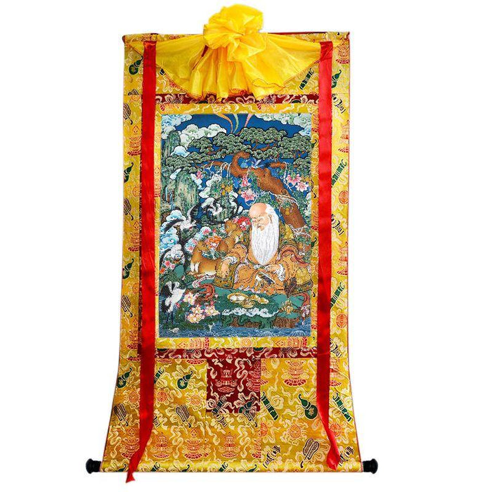 Fulushou - God of Longevity - Tibetan thangka painting, close-up detail