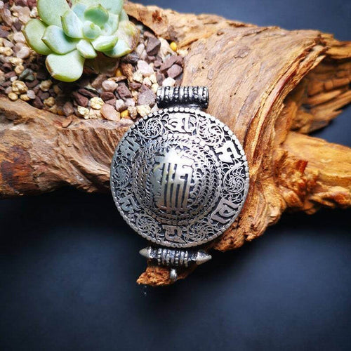 Gau Ghau Shrine, Altar Amulet Pendant,OM and Kalachakra Symbol - Tibetan Buddhist amulet, front view