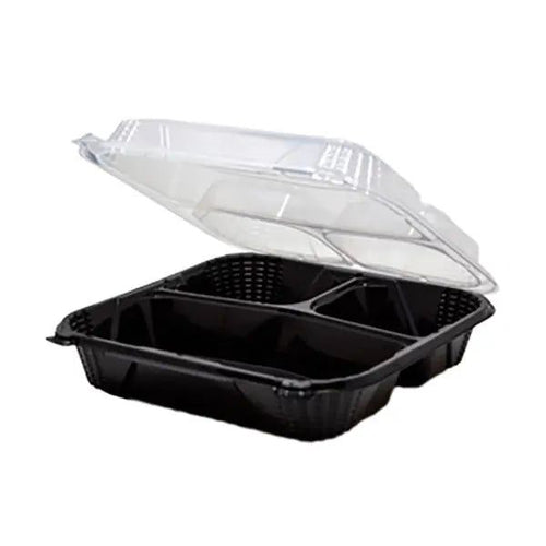 Genpak - 8" X 8" X 3." Black Medium 3 Compartment Close-Off Container, 150/Cs - PV243CO