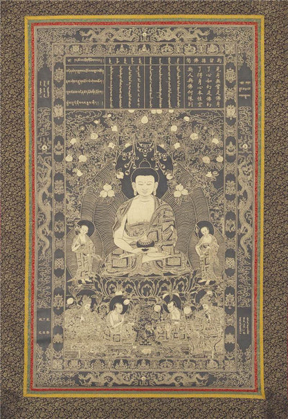 Krakucchanda Buddha Image - Tibetan thangka painting, front view