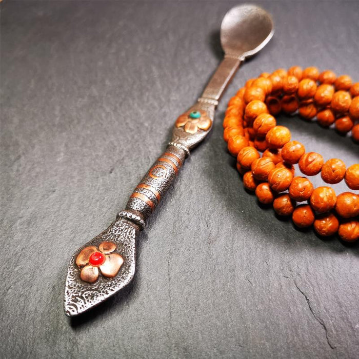 Large Size Offering Spoon 7.1" - Tibetan Buddhist art, close-up detail