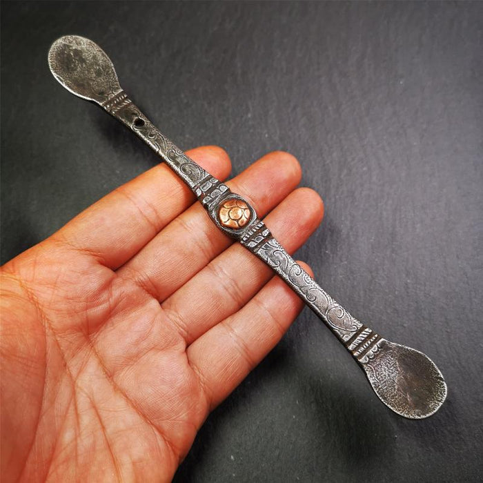 Large Size Offering Spoon 7.5" - Tibetan Buddhist art, close-up detail