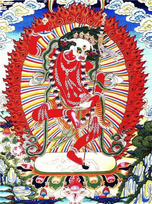 Lion-faced Dakini - Simhamukha - -Simhavaktra -Longsal Sengmar - Image - Tibetan thangka painting, front view