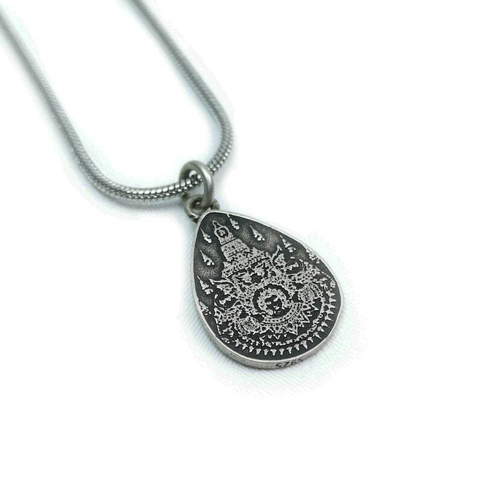 Lucky Charm, Unique Stupa / Pagoda Pattern,Silver Pendant - Tibetan Buddhist art, front view
