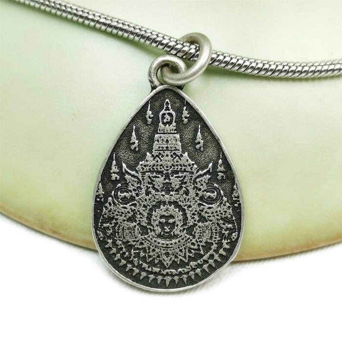 Lucky Charm, Unique Stupa / Pagoda Pattern,Silver Pendant - Tibetan Buddhist art, detailed view