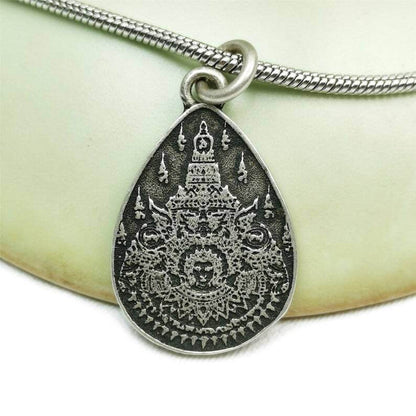 Lucky Charm, Unique Stupa / Pagoda Pattern,Silver Pendant - Tibetan Buddhist art, detailed view