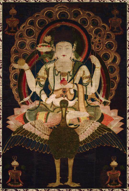 Mahamayuri - 12th Century - Tibetan thangka painting, front view