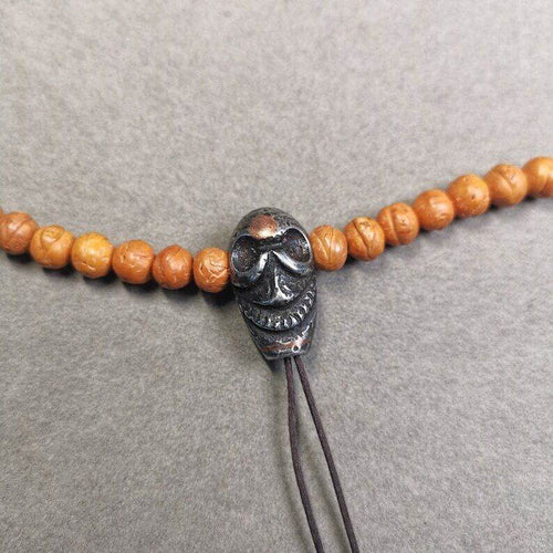 Mala Guru Bead, Skull Shape T-drilled 3-Hole Bead - Tibetan Buddhist mala beads, front view
