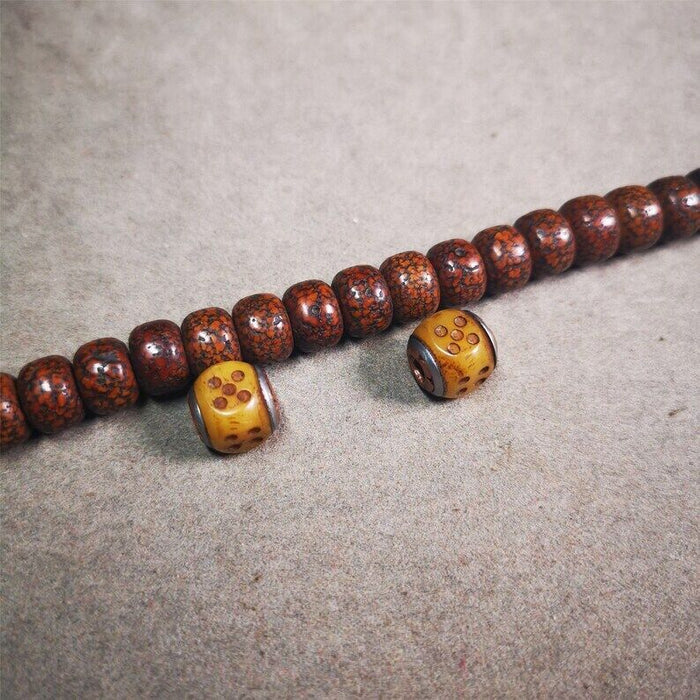 Mala Spacer Bead,Yak Bone Dice Marker Beads 0.43" - Tibetan Buddhist mala beads, close-up detail