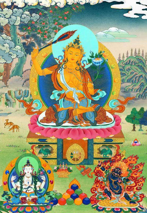 Manjushri Chenrezig Vajrapani - Tibetan thangka painting, front view