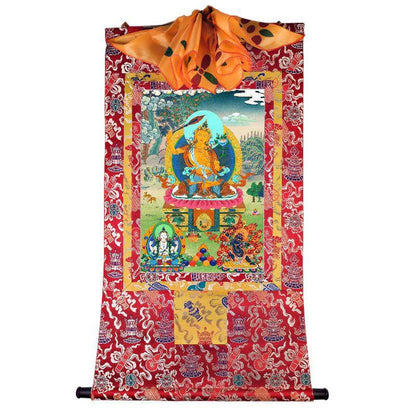 Manjushri Chenrezig Vajrapani - Tibetan thangka painting, detailed view