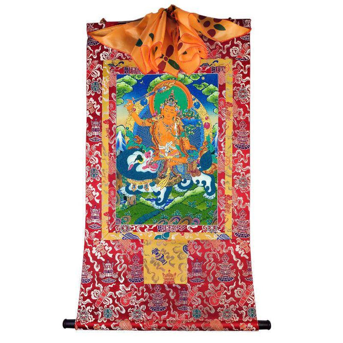 Manjushri on a Lion - Tibetan thangka painting, detailed view