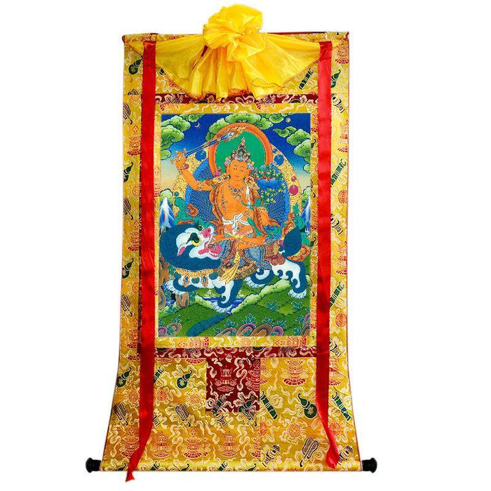 Manjushri on a Lion - Tibetan thangka painting, close-up detail
