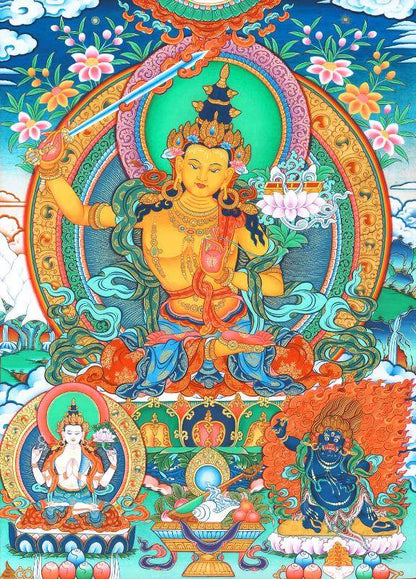 Manjusri Thangka - Tibetan thangka painting, front view