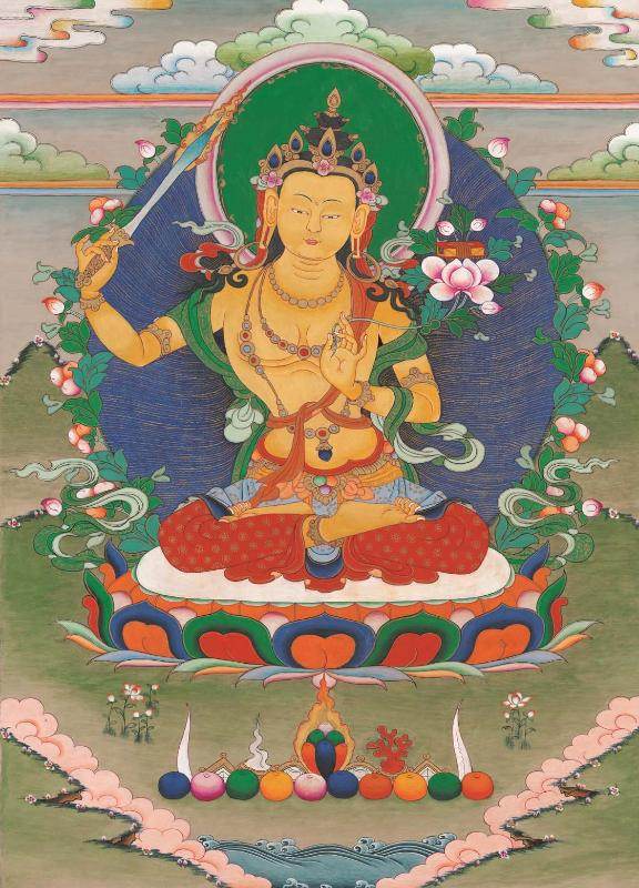 Manjusri - Tibetan thangka painting, front view