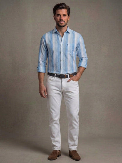 Menorca Crepe Blue Striped Full Sleeve Tailored Fit Casual Cotton Shirt