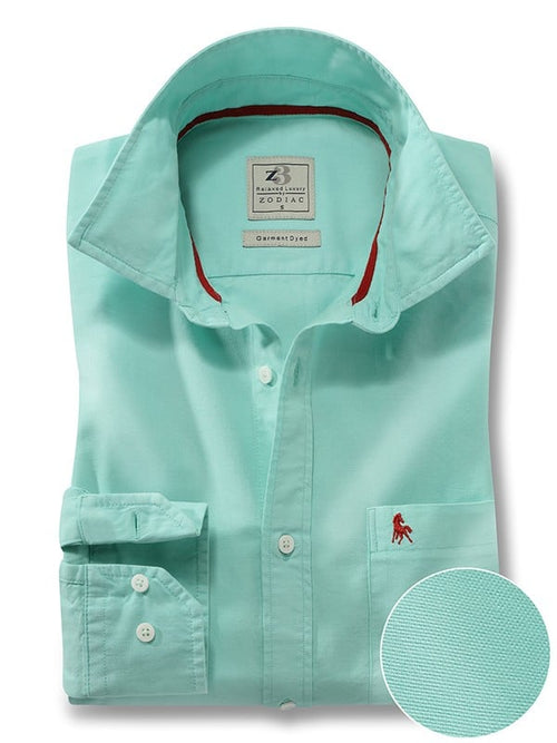 Murren Oxford Garment Dyed Sea Green Solid Full Sleeve Tailored Fit Casual Cotton Shirt