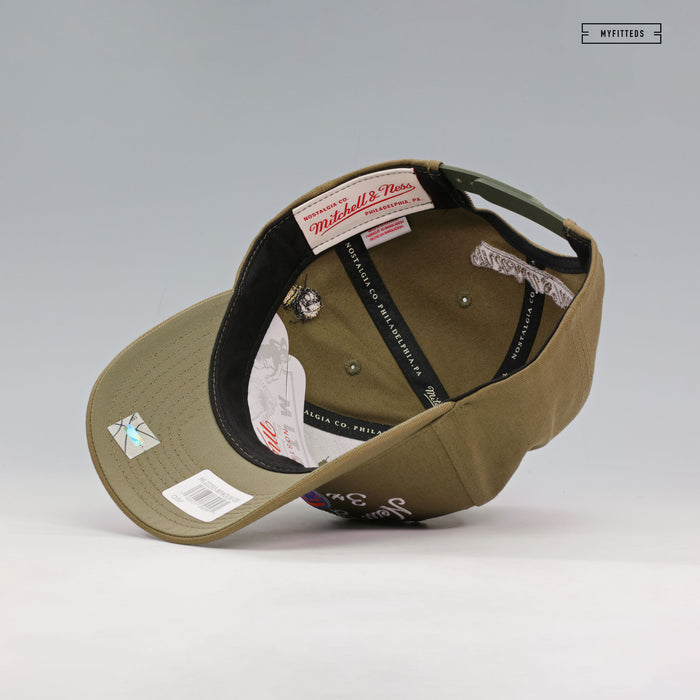 NEW YORK KNICKS 3X NBA FINALS CHAMPIONS SCRIPT LOW PRO OLIVE GREEN MITCHELL & NESS SNAPBACK HAT