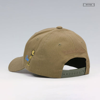 NEW YORK KNICKS 3X NBA FINALS CHAMPIONS SCRIPT LOW PRO OLIVE GREEN MITCHELL & NESS SNAPBACK HAT