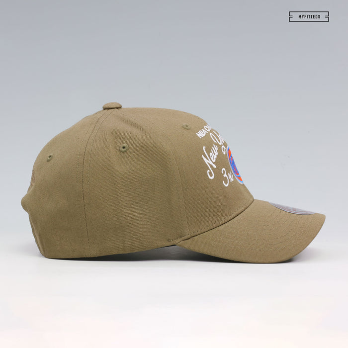 NEW YORK KNICKS 3X NBA FINALS CHAMPIONS SCRIPT LOW PRO OLIVE GREEN MITCHELL & NESS SNAPBACK HAT