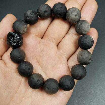Obsidian Wrist Mala, Prayer Beads Bracelet - Tibetan Buddhist mala beads, detailed view