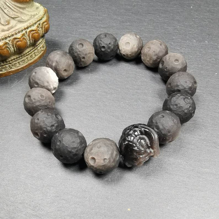 Obsidian Wrist Mala, Prayer Beads Bracelet - Tibetan Buddhist mala beads, close-up detail
