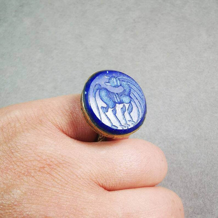 Old West Asian Ring,Made of Lapis Lazuli + Copper,From Pakistan - Tibetan Buddhist art, front view