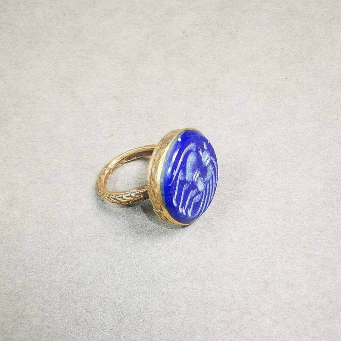 Old West Asian Ring,Made of Lapis Lazuli + Copper,From Pakistan - Tibetan Buddhist art, close-up detail