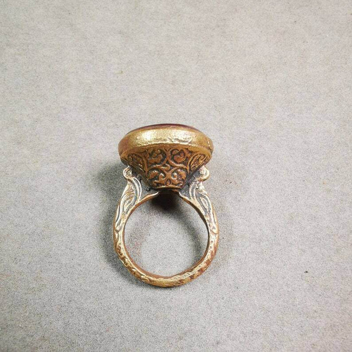 Old West Asian Ring,Made of Ruby and Copper,From Pakistan - Tibetan Buddhist art, close-up detail