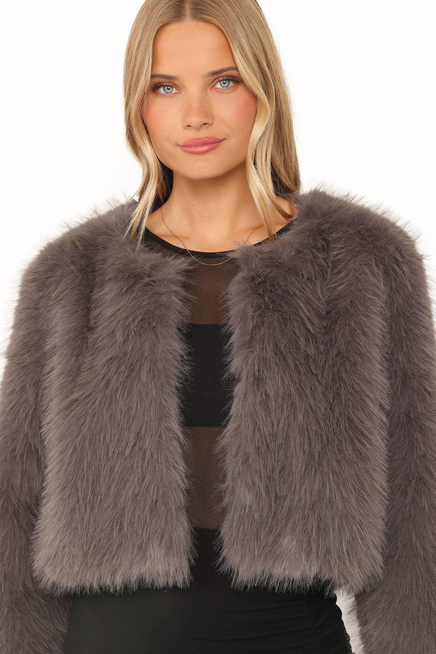 Connie Faux Fur Cropped Jacket - Gunmetal Grey