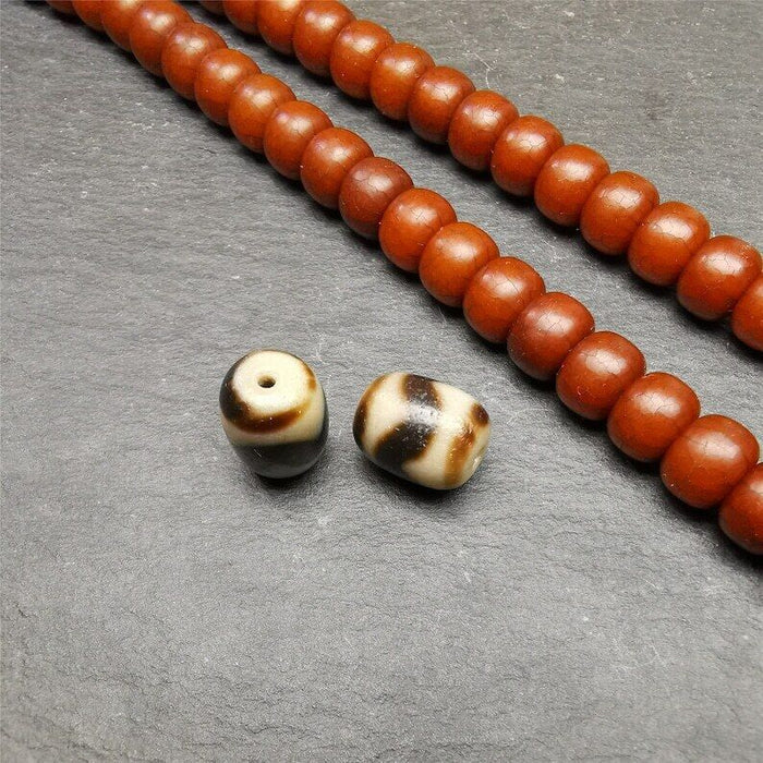 Pair of Tibetan Tiger Tooth Dzi Spacer Marker Beads for Mala,Necklace,0.42" - Tibetan Buddhist mala beads, view 4