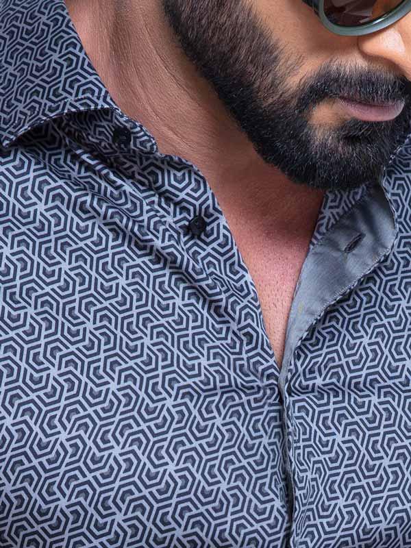 Paul Cobalt Printed Full Sleeve Single Cuff Slim Fit Party Wear Blended Shirt
