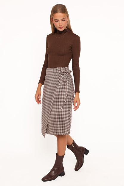 Ariela Wrap Front Midi Skirt - Brown Houndstooth