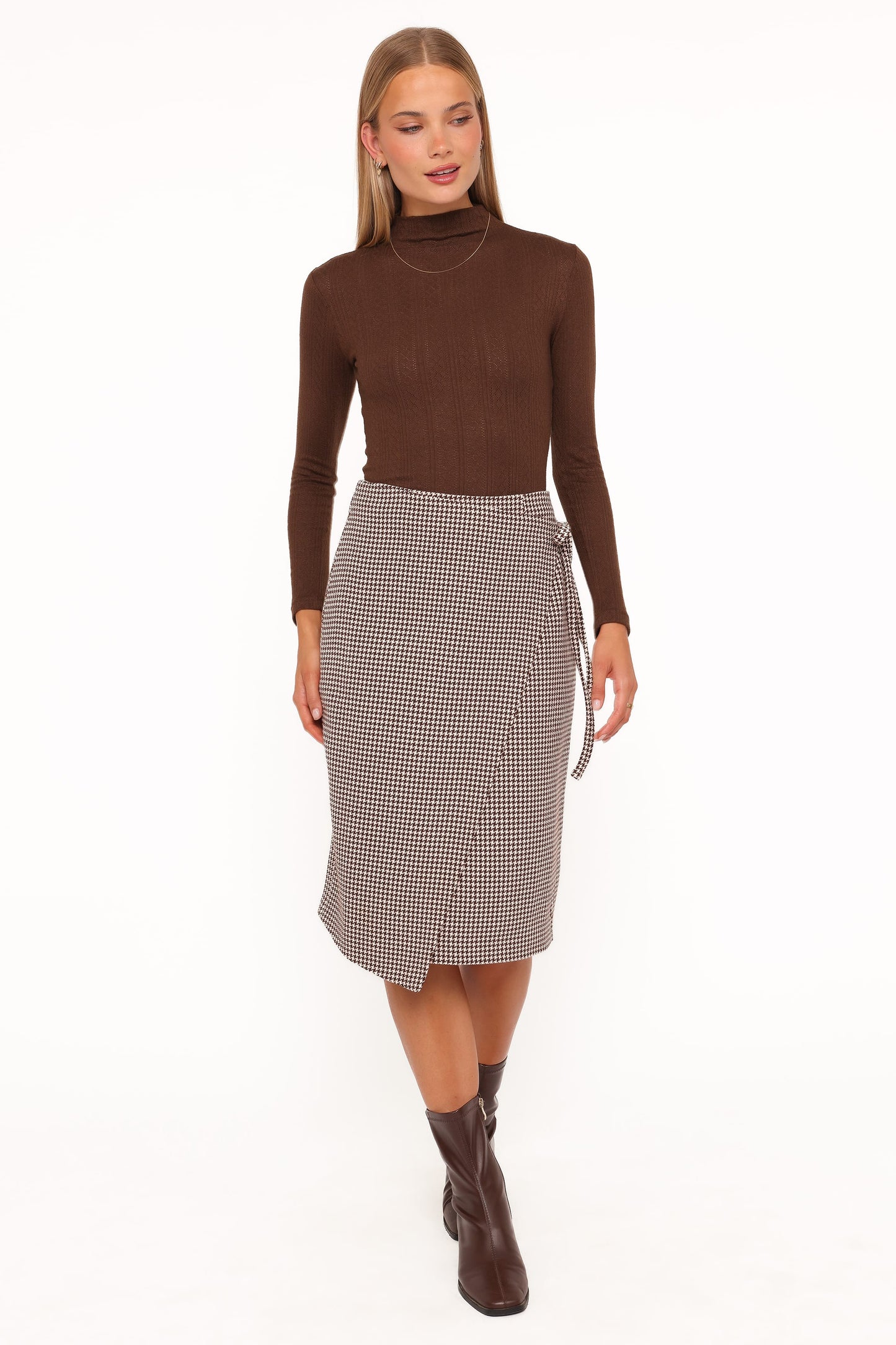 Ariela Wrap Front Midi Skirt - Brown Houndstooth
