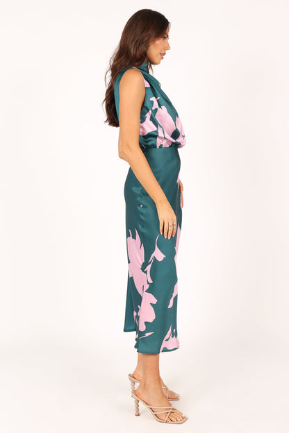 Anabelle Halter Neck Midi Dress - Green Pink